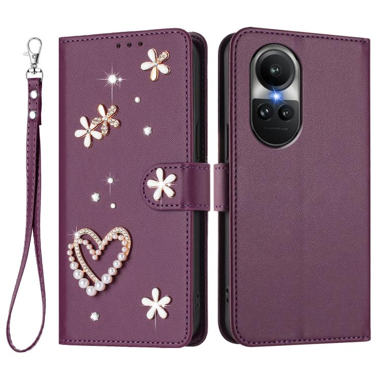 For OPPO Reno10 5G Global / Reno10 Pro Global ZS01 Double-Layer Heart Floral Vegan Leather Phone Case with Wrist Strap