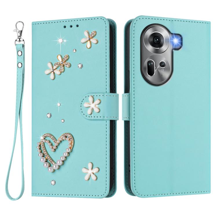 For OPPO Reno11 5G Global ZS01 Double-Layer Heart Floral Vegan Leather Phone Case with Wrist Strap