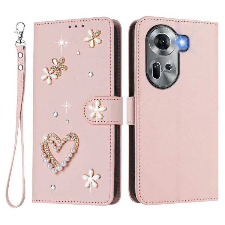 For OPPO Reno11 5G Global ZS01 Double-Layer Heart Floral Vegan Leather Phone Case with Wrist Strap