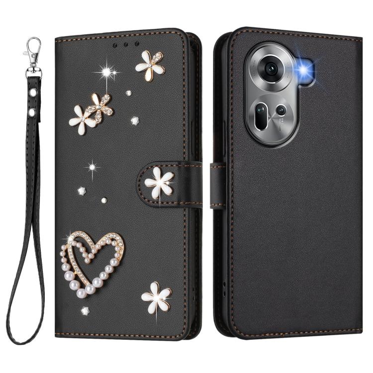 For OPPO Reno11 5G Global ZS01 Double-Layer Heart Floral Vegan Leather Phone Case with Wrist Strap