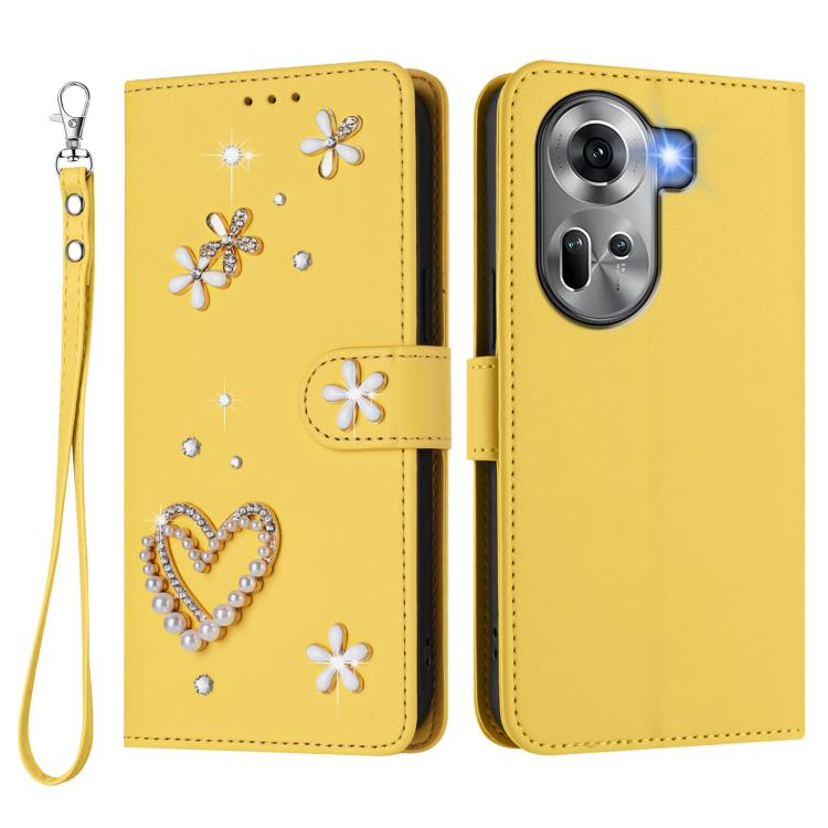 For OPPO Reno11 5G Global ZS01 Double-Layer Heart Floral Vegan Leather Phone Case with Wrist Strap