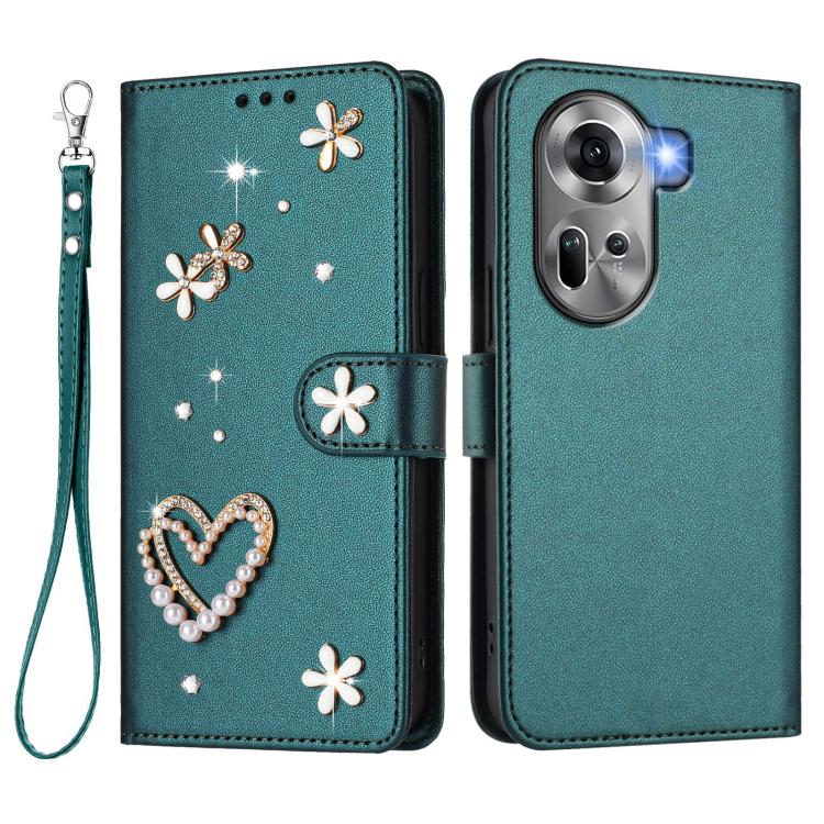 For OPPO Reno11 5G Global ZS01 Double-Layer Heart Floral Vegan Leather Phone Case with Wrist Strap
