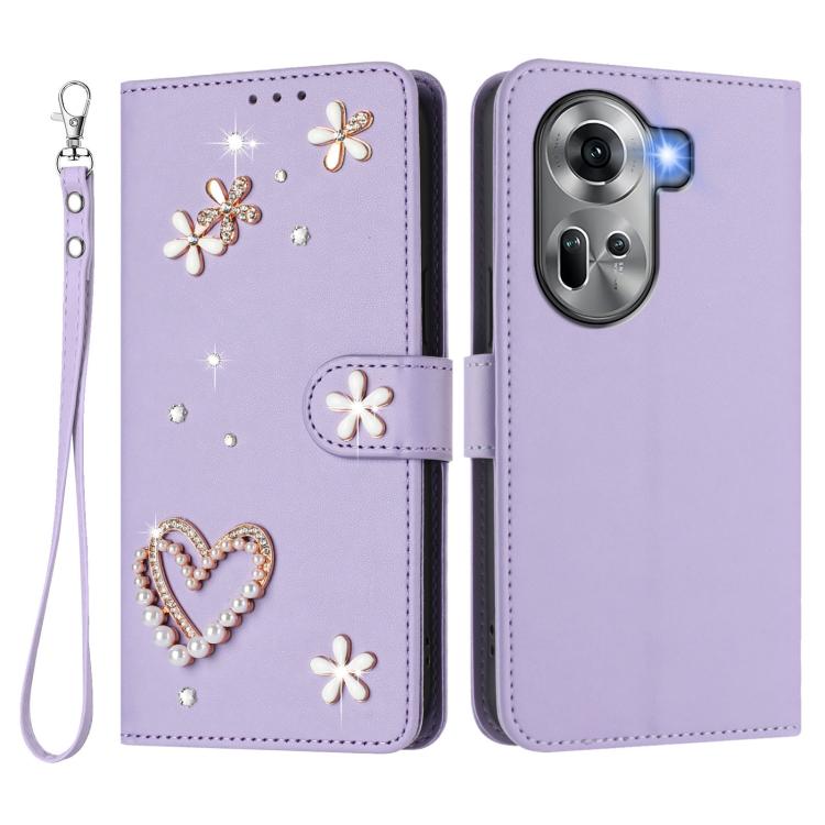 For OPPO Reno11 5G Global ZS01 Double-Layer Heart Floral Vegan Leather Phone Case with Wrist Strap