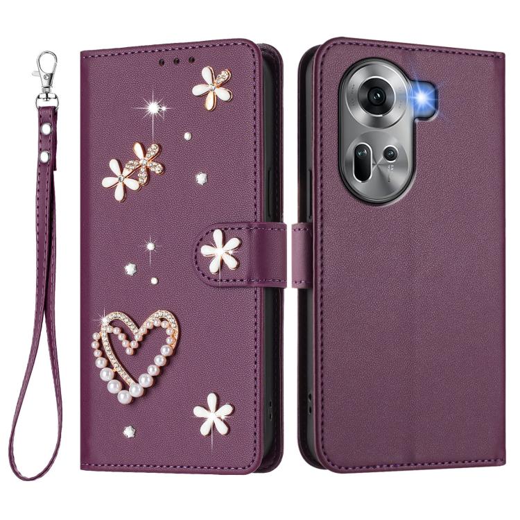 For OPPO Reno11 5G Global ZS01 Double-Layer Heart Floral Vegan Leather Phone Case with Wrist Strap
