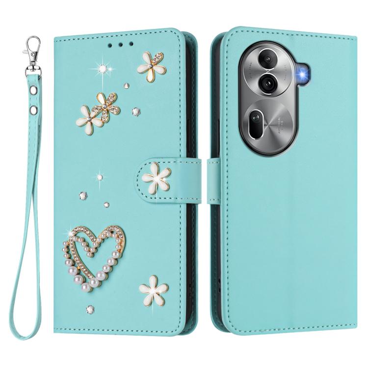 For OPPO Reno11 Pro 5G Global ZS01 Double-Layer Heart Floral Vegan Leather Phone Case with Wrist Strap