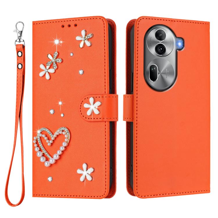 For OPPO Reno11 Pro 5G Global ZS01 Double-Layer Heart Floral Vegan Leather Phone Case with Wrist Strap