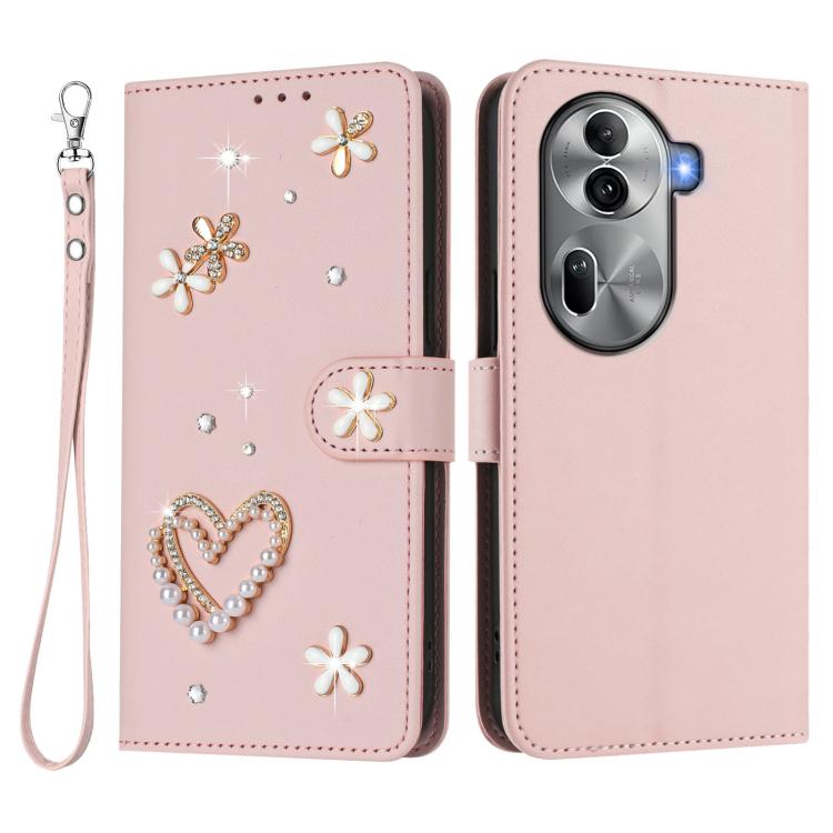 For OPPO Reno11 Pro 5G Global ZS01 Double-Layer Heart Floral Vegan Leather Phone Case with Wrist Strap