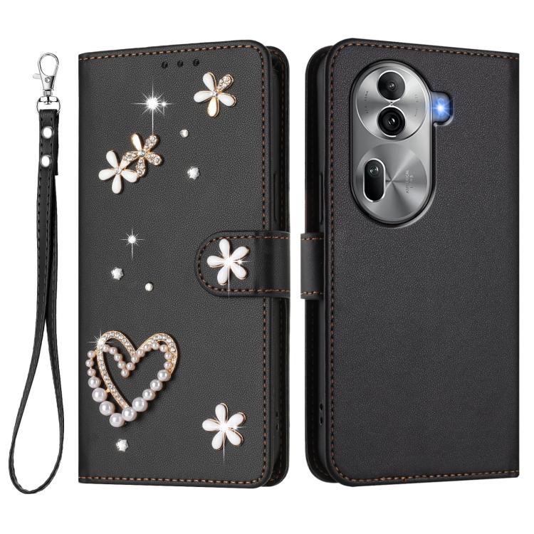 For OPPO Reno11 Pro 5G Global ZS01 Double-Layer Heart Floral Vegan Leather Phone Case with Wrist Strap