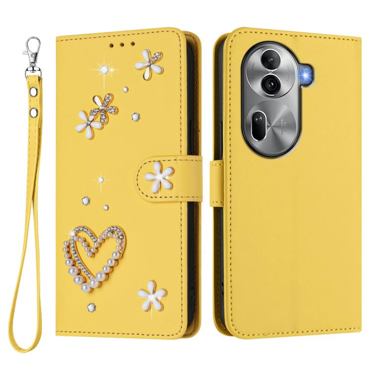 For OPPO Reno11 Pro 5G Global ZS01 Double-Layer Heart Floral Vegan Leather Phone Case with Wrist Strap