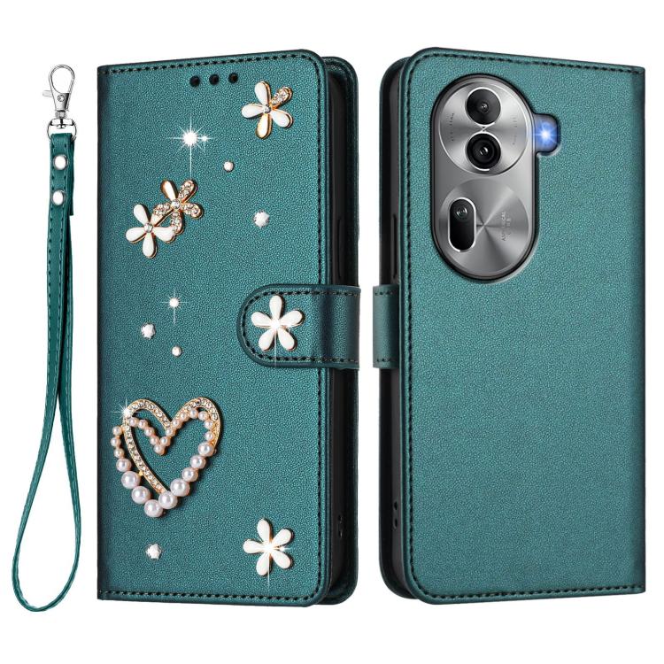 For OPPO Reno11 Pro 5G Global ZS01 Double-Layer Heart Floral Vegan Leather Phone Case with Wrist Strap