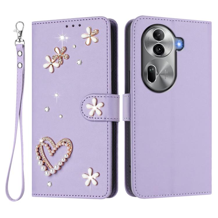 For OPPO Reno11 Pro 5G Global ZS01 Double-Layer Heart Floral Vegan Leather Phone Case with Wrist Strap