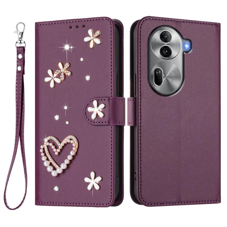 For OPPO Reno11 Pro 5G Global ZS01 Double-Layer Heart Floral Vegan Leather Phone Case with Wrist Strap