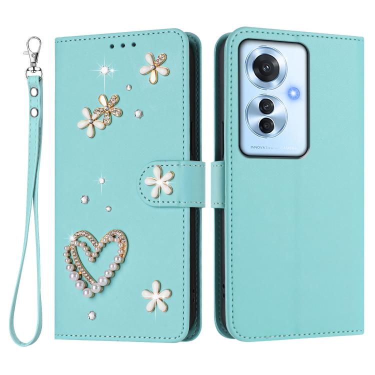 For OPPO Reno11 F 5G Global ZS01 Double-Layer Heart Floral Vegan Leather Phone Case with Wrist Strap