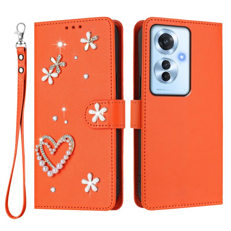 For OPPO Reno11 F 5G Global ZS01 Double-Layer Heart Floral Vegan Leather Phone Case with Wrist Strap