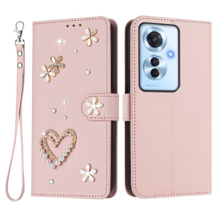 For OPPO Reno11 F 5G Global ZS01 Double-Layer Heart Floral Vegan Leather Phone Case with Wrist Strap