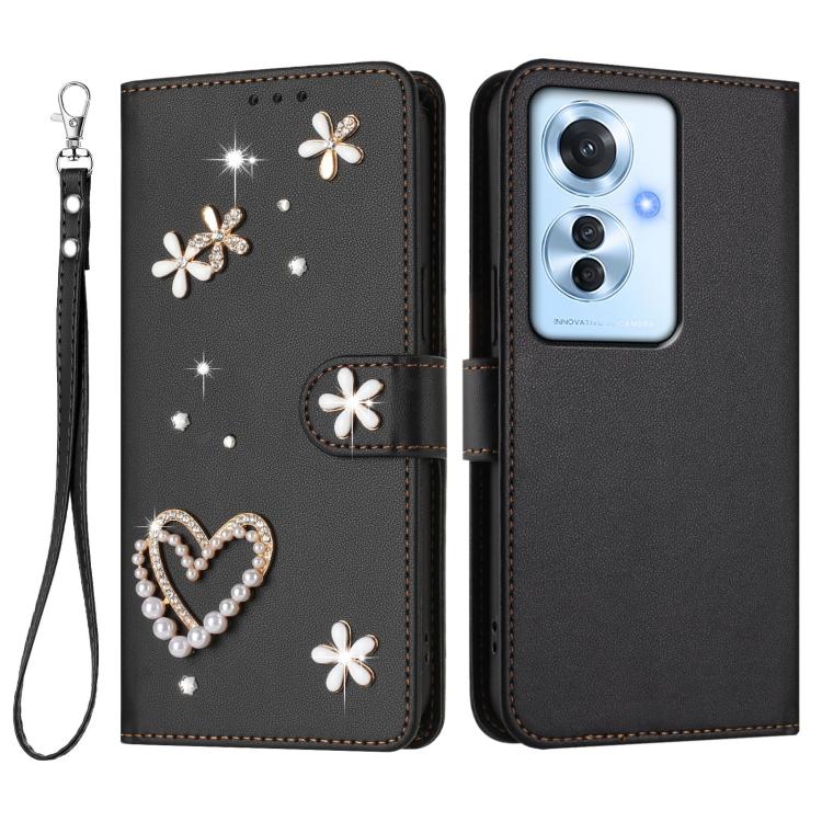For OPPO Reno11 F 5G Global ZS01 Double-Layer Heart Floral Vegan Leather Phone Case with Wrist Strap