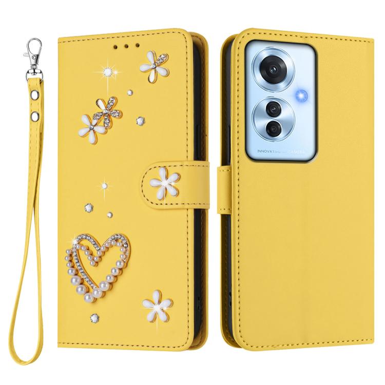 For OPPO Reno11 F 5G Global ZS01 Double-Layer Heart Floral Vegan Leather Phone Case with Wrist Strap