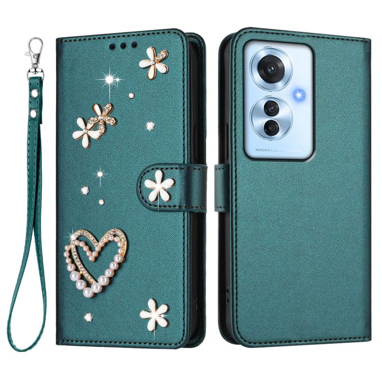 For OPPO Reno11 F 5G Global ZS01 Double-Layer Heart Floral Vegan Leather Phone Case with Wrist Strap