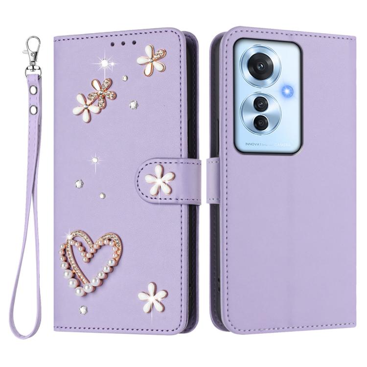 For OPPO Reno11 F 5G Global ZS01 Double-Layer Heart Floral Vegan Leather Phone Case with Wrist Strap
