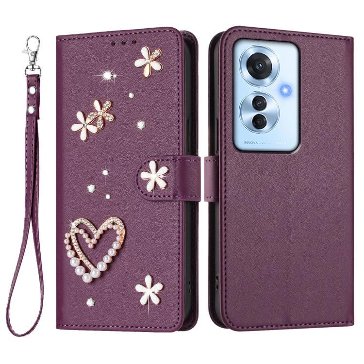 For OPPO Reno11 F 5G Global ZS01 Double-Layer Heart Floral Vegan Leather Phone Case with Wrist Strap