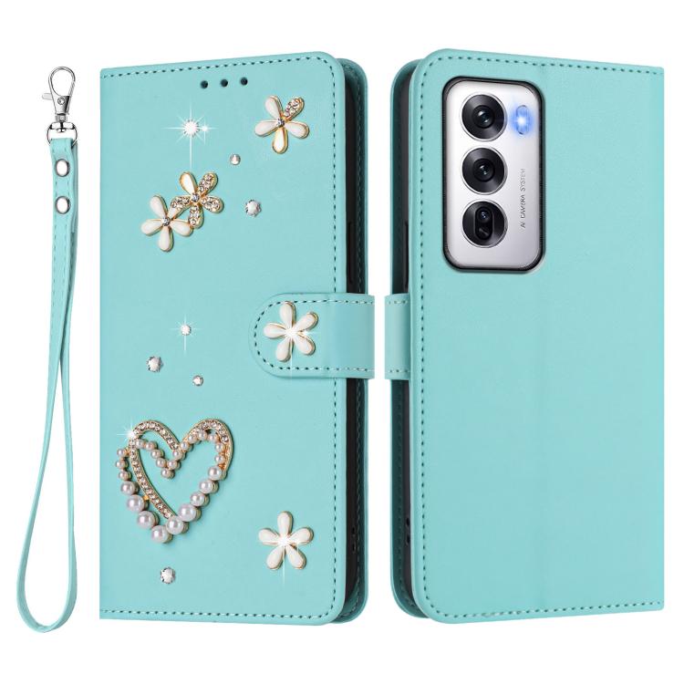 For OPPO Reno12 5G Global ZS01 Double-Layer Heart Floral Vegan Leather Phone Case with Wrist Strap