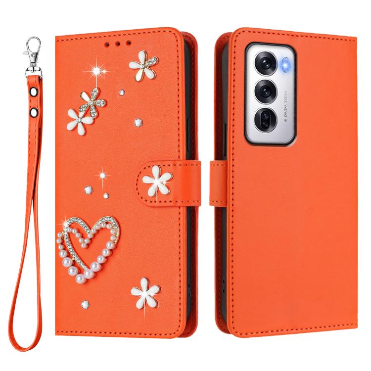 For OPPO Reno12 5G Global ZS01 Double-Layer Heart Floral Vegan Leather Phone Case with Wrist Strap
