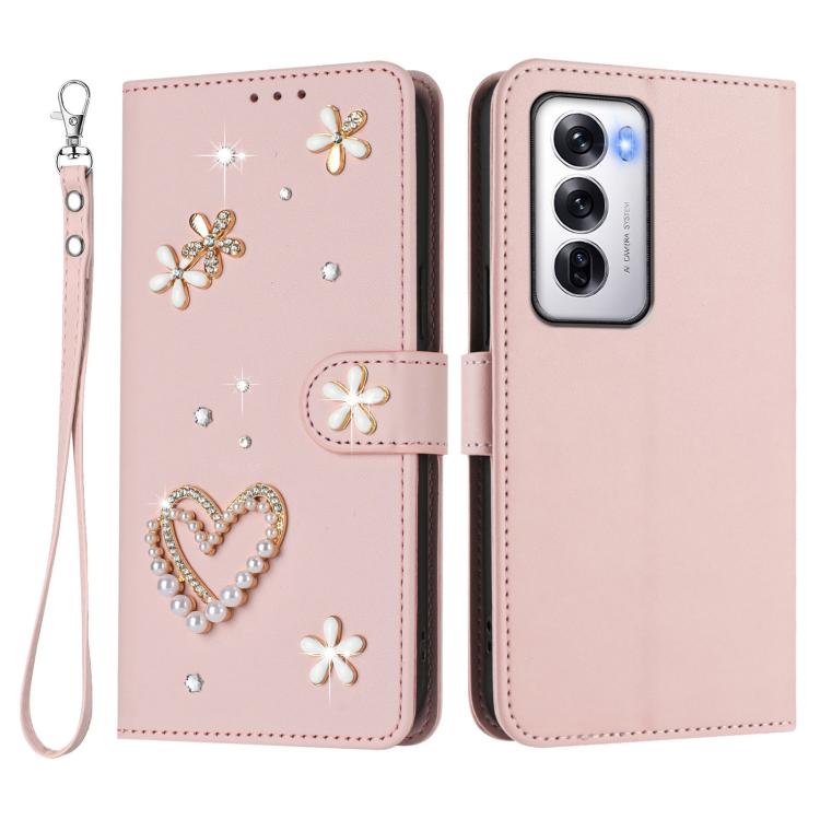 For OPPO Reno12 5G Global ZS01 Double-Layer Heart Floral Vegan Leather Phone Case with Wrist Strap
