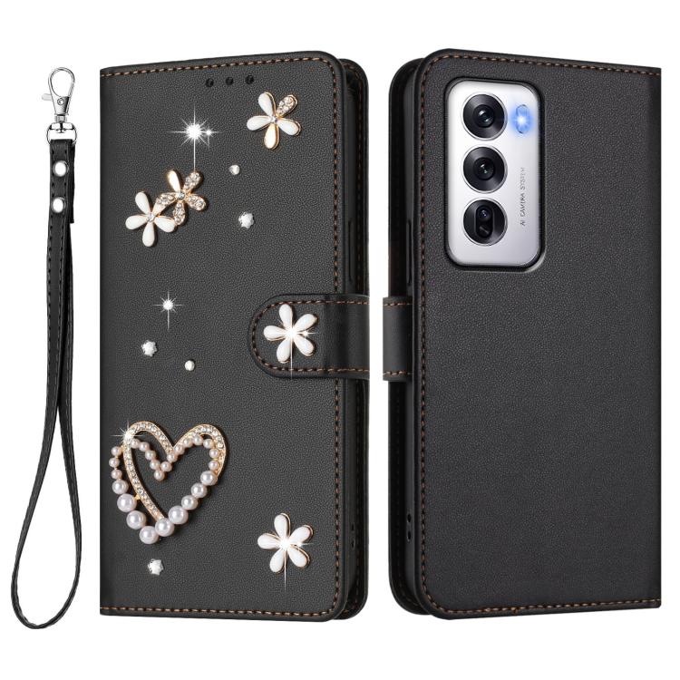 For OPPO Reno12 5G Global ZS01 Double-Layer Heart Floral Vegan Leather Phone Case with Wrist Strap