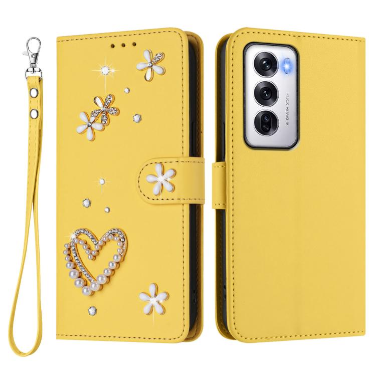 For OPPO Reno12 5G Global ZS01 Double-Layer Heart Floral Vegan Leather Phone Case with Wrist Strap