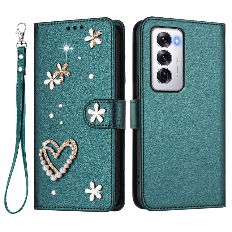 For OPPO Reno12 5G Global ZS01 Double-Layer Heart Floral Vegan Leather Phone Case with Wrist Strap