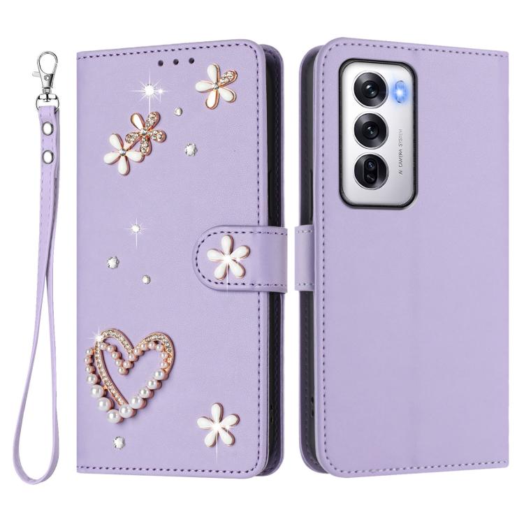 For OPPO Reno12 5G Global ZS01 Double-Layer Heart Floral Vegan Leather Phone Case with Wrist Strap