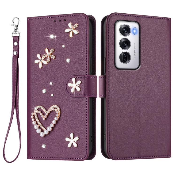 For OPPO Reno12 5G Global ZS01 Double-Layer Heart Floral Vegan Leather Phone Case with Wrist Strap