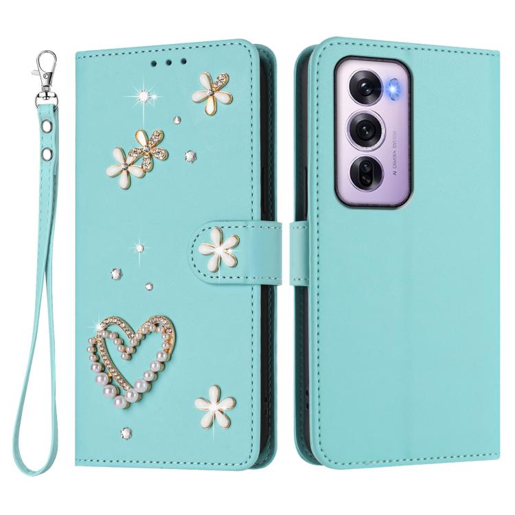 For OPPO Reno12 Pro 5G Global ZS01 Double-Layer Heart Floral Vegan Leather Phone Case with Wrist Strap