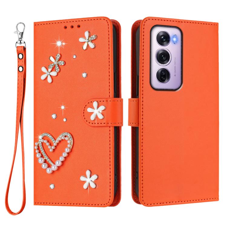 For OPPO Reno12 Pro 5G Global ZS01 Double-Layer Heart Floral Vegan Leather Phone Case with Wrist Strap