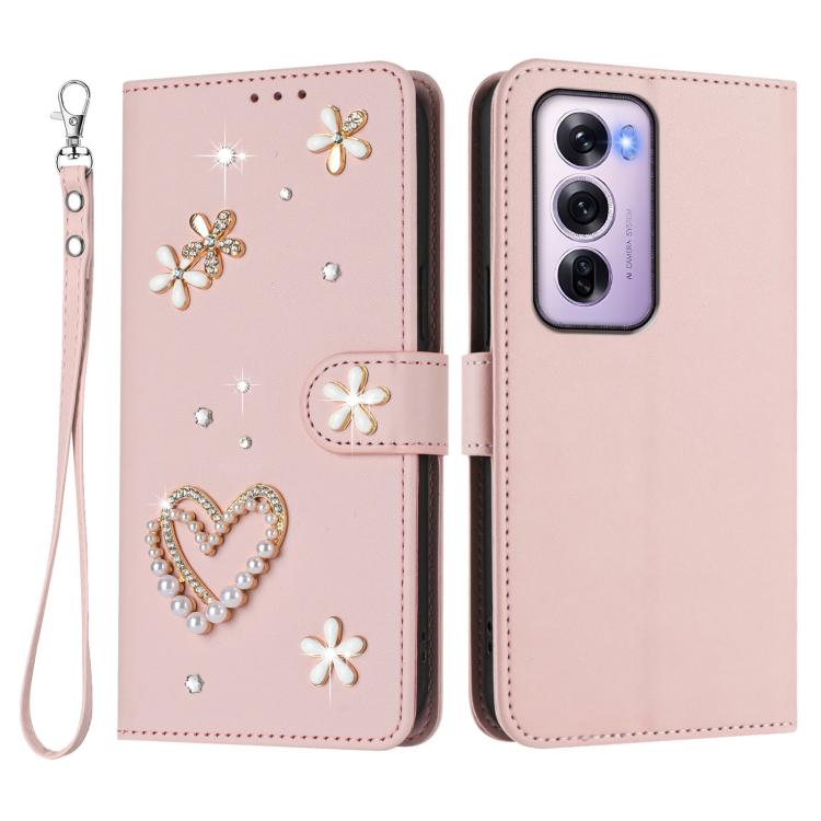 For OPPO Reno12 Pro 5G Global ZS01 Double-Layer Heart Floral Vegan Leather Phone Case with Wrist Strap