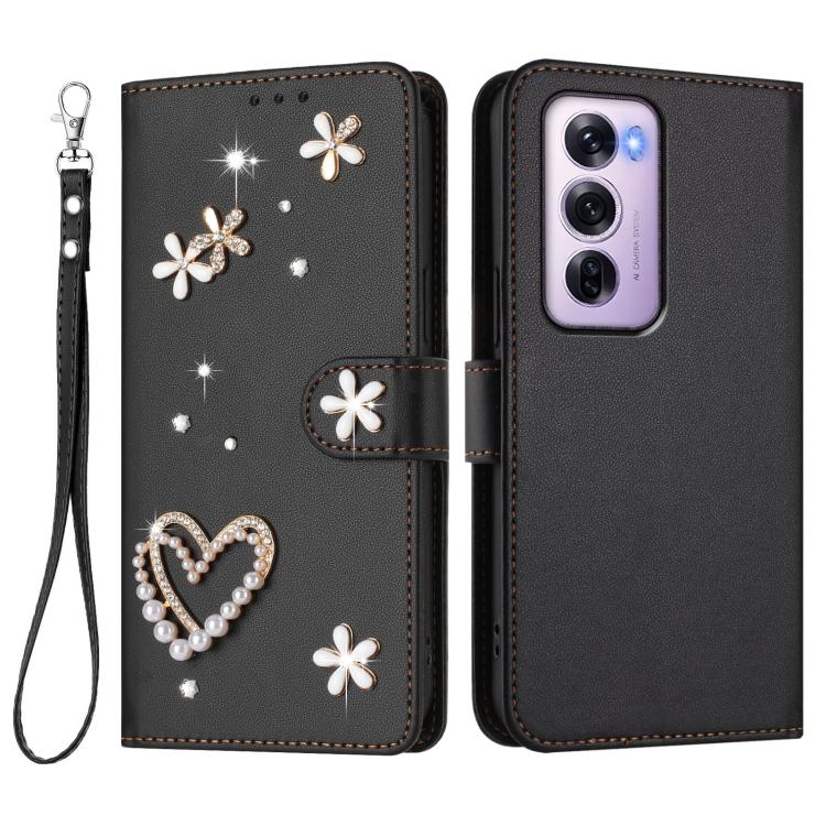 For OPPO Reno12 Pro 5G Global ZS01 Double-Layer Heart Floral Vegan Leather Phone Case with Wrist Strap