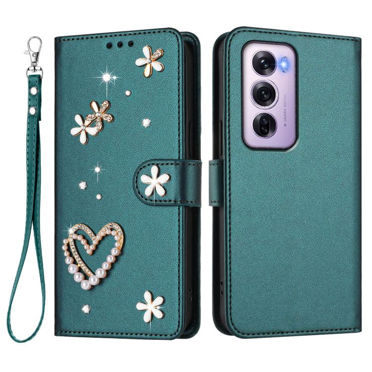 For OPPO Reno12 Pro 5G Global ZS01 Double-Layer Heart Floral Vegan Leather Phone Case with Wrist Strap