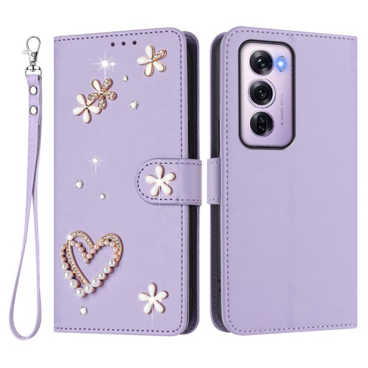 For OPPO Reno12 Pro 5G Global ZS01 Double-Layer Heart Floral Vegan Leather Phone Case with Wrist Strap