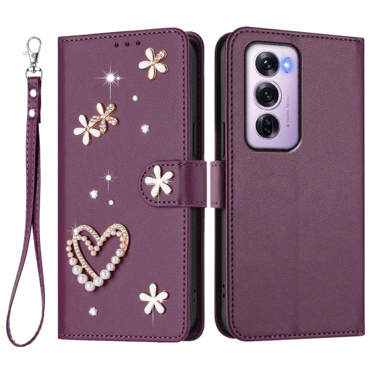 For OPPO Reno12 Pro 5G Global ZS01 Double-Layer Heart Floral Vegan Leather Phone Case with Wrist Strap