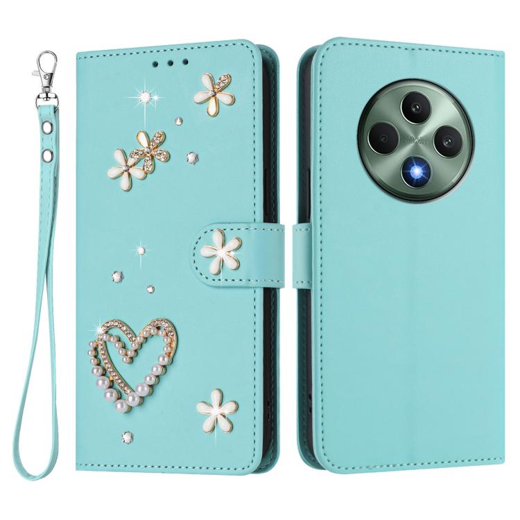 For OPPO Reno12 F 5G Global ZS01 Double-Layer Heart Floral Vegan Leather Phone Case with Wrist Strap