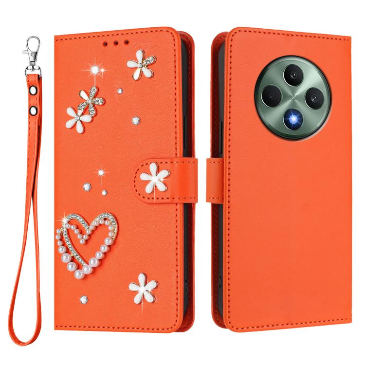 For OPPO Reno12 F 5G Global ZS01 Double-Layer Heart Floral Vegan Leather Phone Case with Wrist Strap
