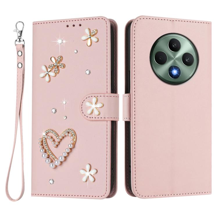 For OPPO Reno12 F 5G Global ZS01 Double-Layer Heart Floral Vegan Leather Phone Case with Wrist Strap