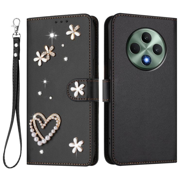 For OPPO Reno12 F 5G Global ZS01 Double-Layer Heart Floral Vegan Leather Phone Case with Wrist Strap