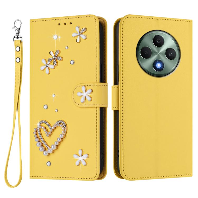 For OPPO Reno12 F 5G Global ZS01 Double-Layer Heart Floral Vegan Leather Phone Case with Wrist Strap