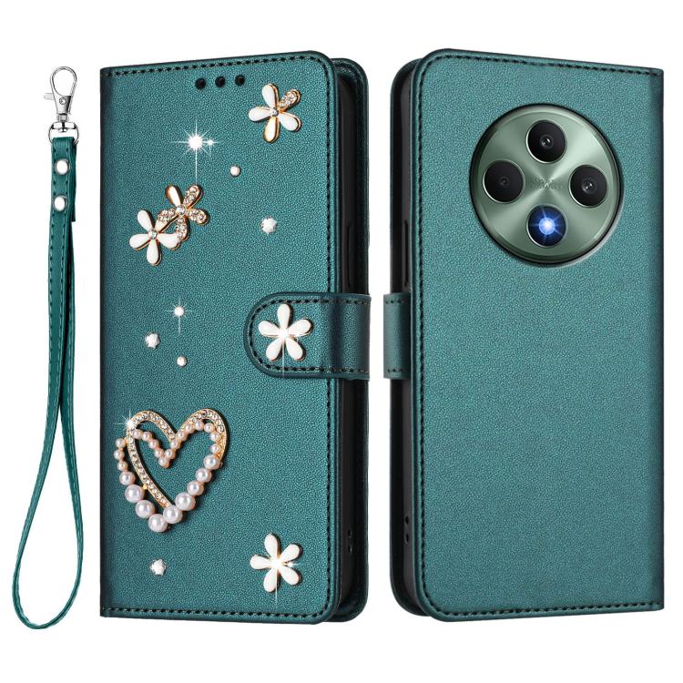 For OPPO Reno12 F 5G Global ZS01 Double-Layer Heart Floral Vegan Leather Phone Case with Wrist Strap