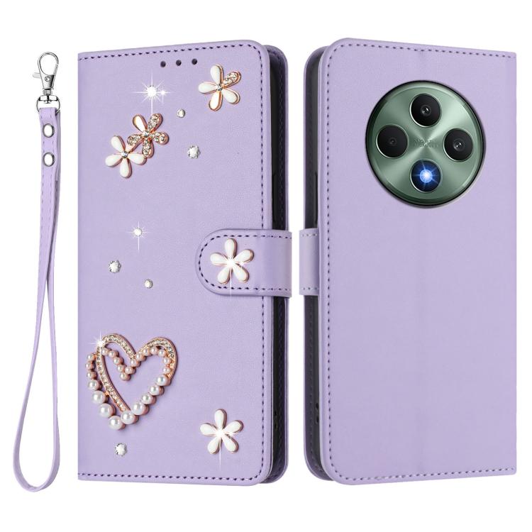 For OPPO Reno12 F 5G Global ZS01 Double-Layer Heart Floral Vegan Leather Phone Case with Wrist Strap