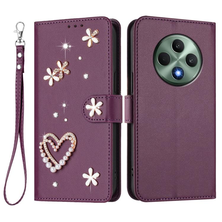 For OPPO Reno12 F 5G Global ZS01 Double-Layer Heart Floral Vegan Leather Phone Case with Wrist Strap