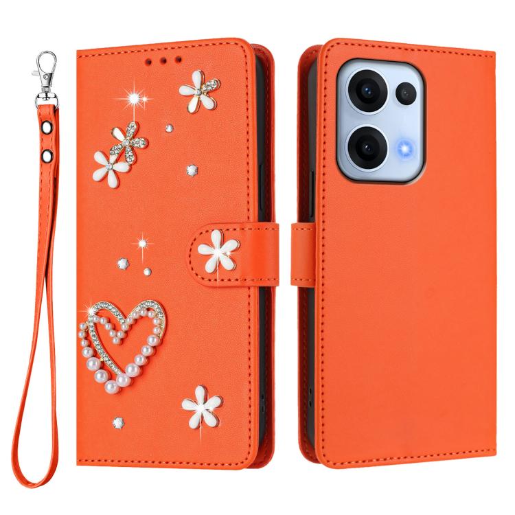For OPPO Reno13 5G Global ZS01 Double-Layer Heart Floral Vegan Leather Phone Case with Wrist Strap