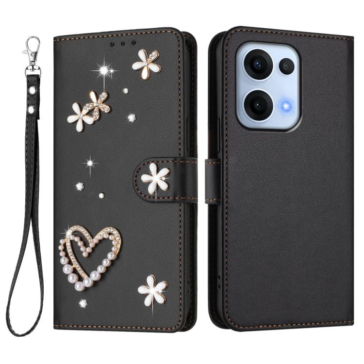 For OPPO Reno13 5G Global ZS01 Double-Layer Heart Floral Vegan Leather Phone Case with Wrist Strap