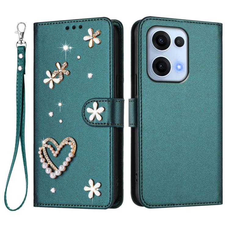 For OPPO Reno13 5G Global ZS01 Double-Layer Heart Floral Vegan Leather Phone Case with Wrist Strap